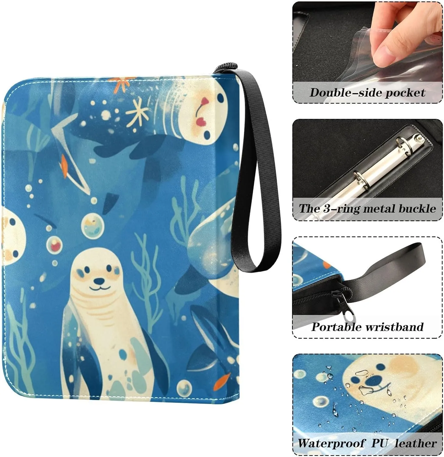Card Binder 4 Pocket Trading Card Binder Holds 400 Cards with 50 Removable Sleeves for Boys Girls Game Cards Sports Cards Sea Lions Ink Painting