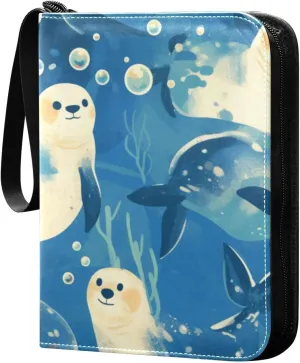 Card Binder 4 Pocket Trading Card Binder Holds 400 Cards with 50 Removable Sleeves for Boys Girls Game Cards Sports Cards Sea Lions Ink Painting