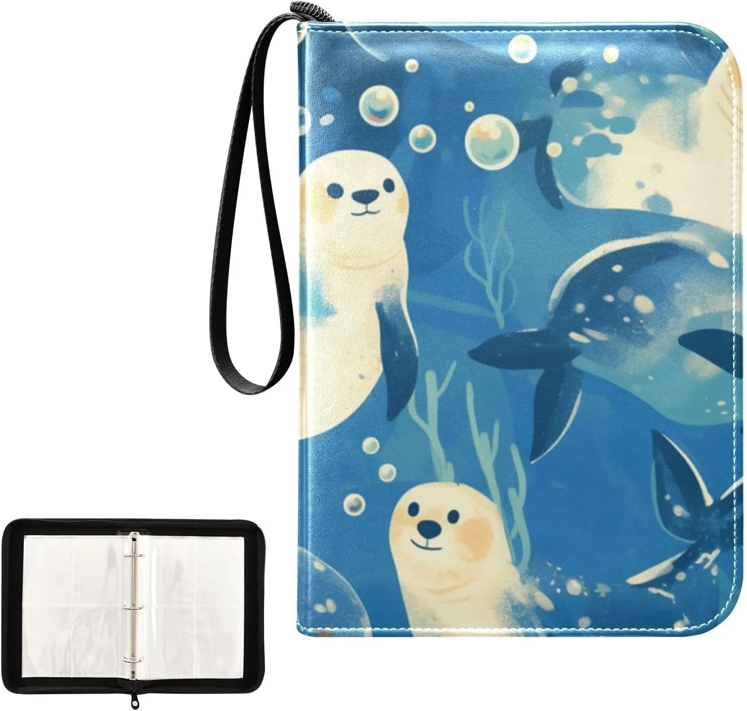 Card Binder 4 Pocket Trading Card Binder Holds 400 Cards with 50 Removable Sleeves for Boys Girls Game Cards Sports Cards Sea Lions Ink Painting