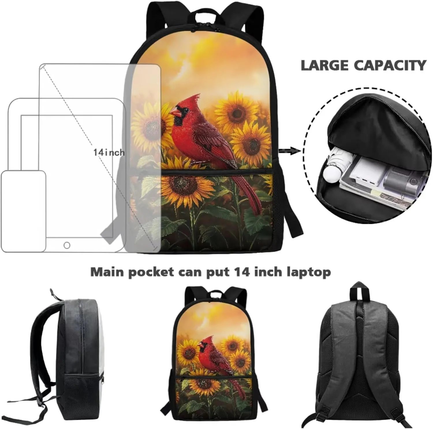 Cardinal Sunflower Print School Backpack Set for Teens Girls Boys Kids Lightweight School Bags Bookbag with Lunch Bag Pencil Pouch Back to School Gifts Set of 3