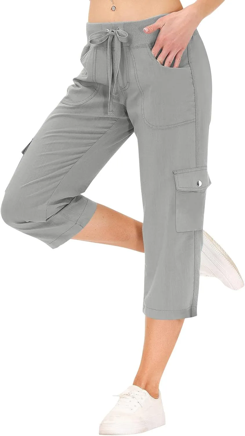 Cargo Capris for Women Casual Drawstring Capris Pants with Pockets Summer Plus Size Capri Hiking Pants Cargo Pant
