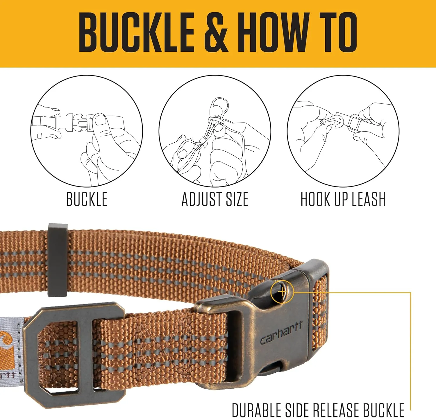 Carhartt Fully Adjustable Nylon Webbing Collars for Dogs, Reflective Stitching for Visibility, Carhartt Brown (Nylon Webbing), Large