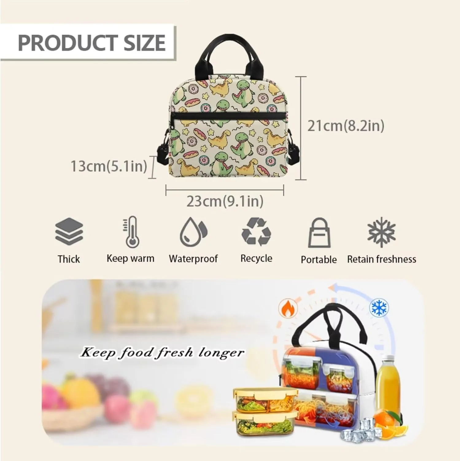 Cartoon Dinosaur Donut Print 16.9 Inch School Backpack Set with Lunch Box & Pencil Pouch, Lightweight Large Capacity Backpack, Tote Bag with Shoulder Strap, Ideal for Students & Travel