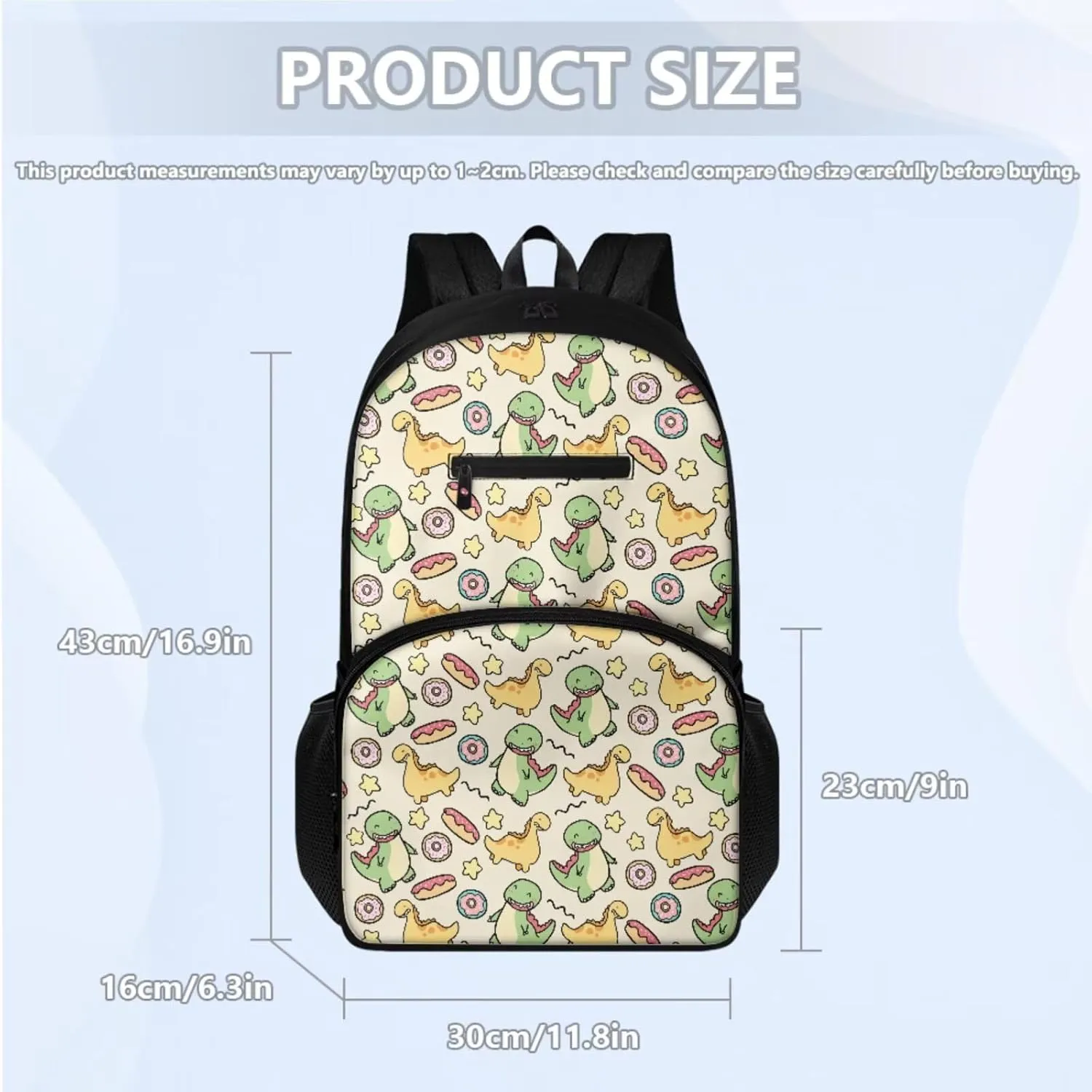 Cartoon Dinosaur Donut Print 16.9 Inch School Backpack Set with Lunch Box & Pencil Pouch, Lightweight Large Capacity Backpack, Tote Bag with Shoulder Strap, Ideal for Students & Travel