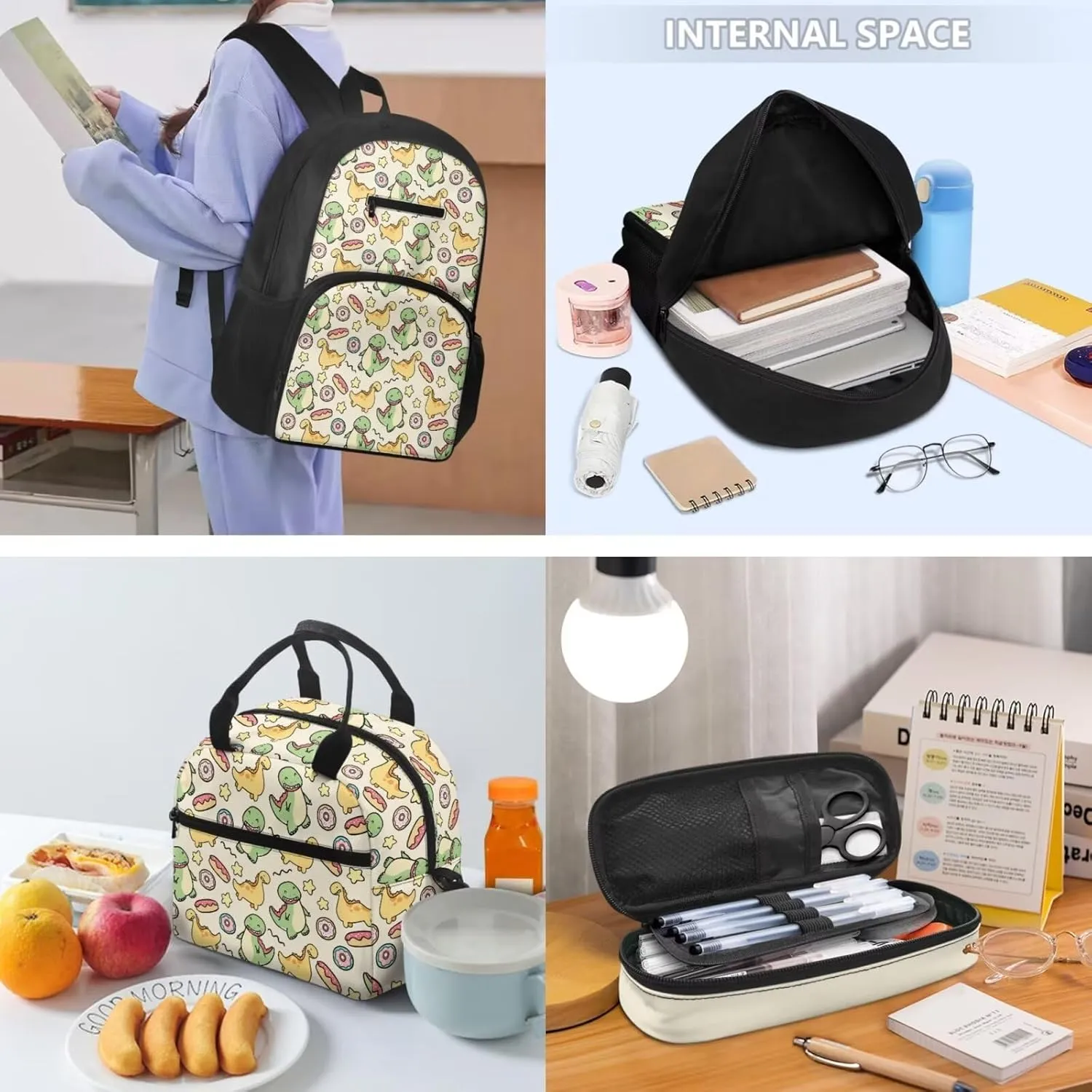 Cartoon Dinosaur Donut Print 16.9 Inch School Backpack Set with Lunch Box & Pencil Pouch, Lightweight Large Capacity Backpack, Tote Bag with Shoulder Strap, Ideal for Students & Travel