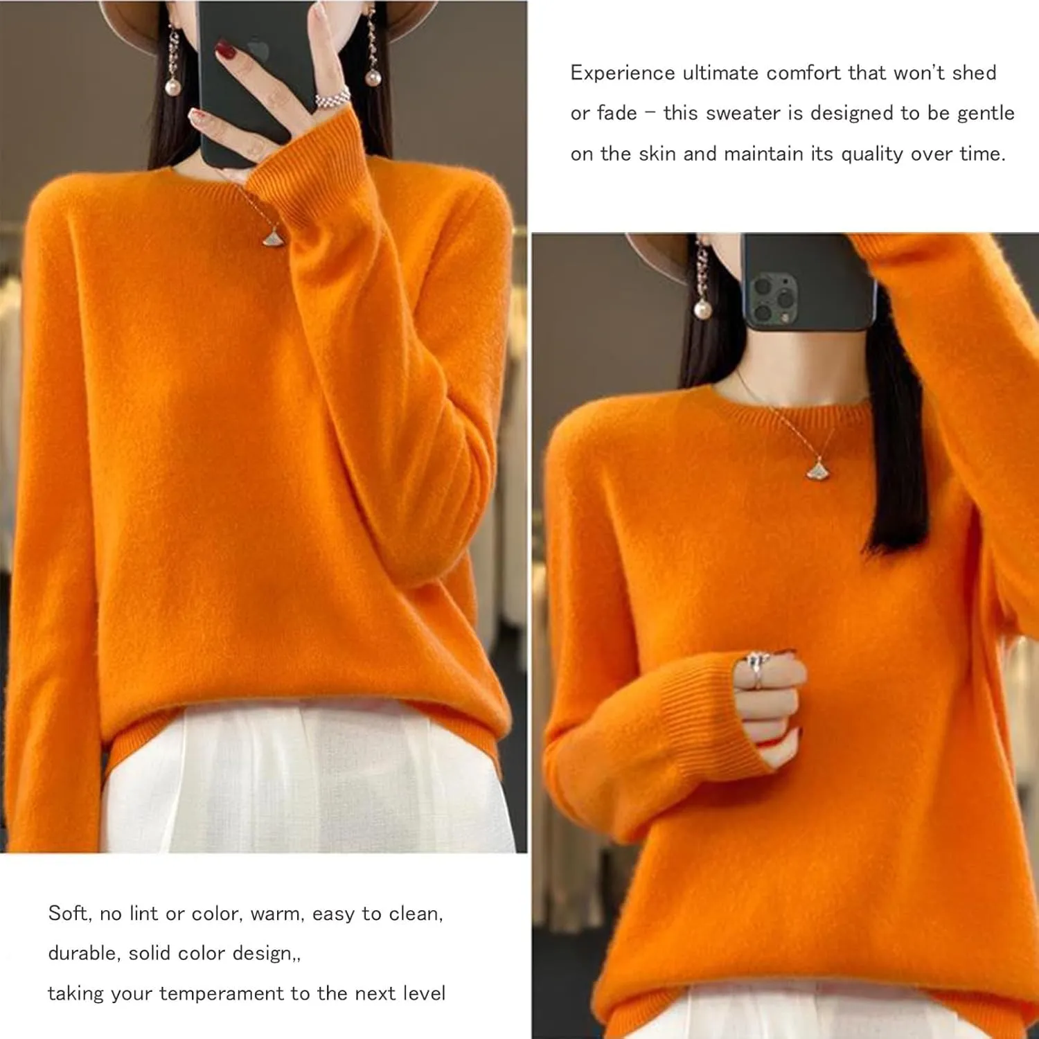 Cashmere Sweater for Women - Crew Neck Lightweight Soft Warm Pullover Knitted Jumper