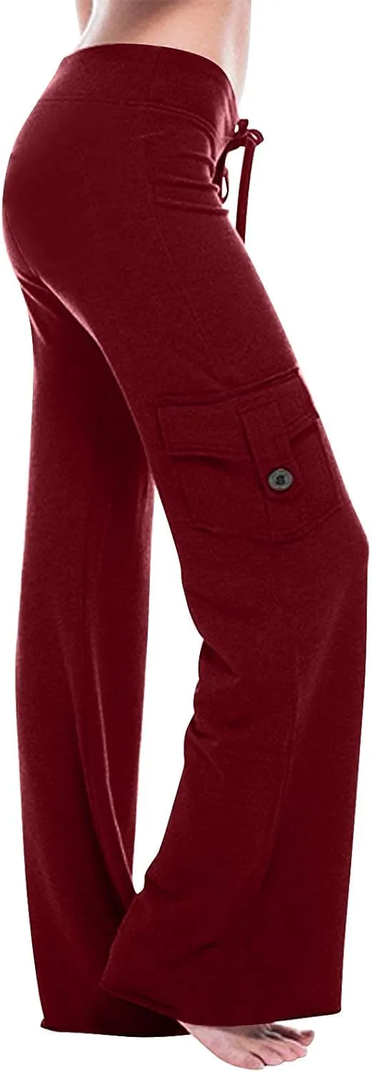 Ceboyel Womens Wide Leg Cargo Pants High Waist Pockets Jogger Pants Drawstring Relaxed Fit Cargo Pants Ladies Lounge Pants