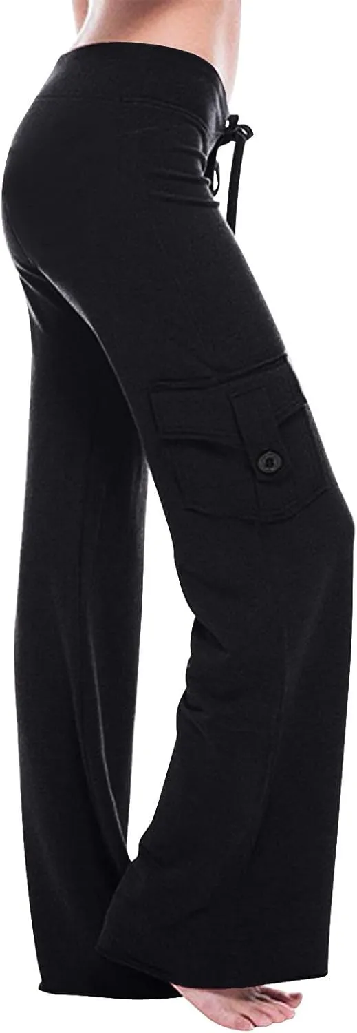Ceboyel Womens Wide Leg Cargo Pants High Waist Pockets Jogger Pants Drawstring Relaxed Fit Cargo Pants Ladies Lounge Pants