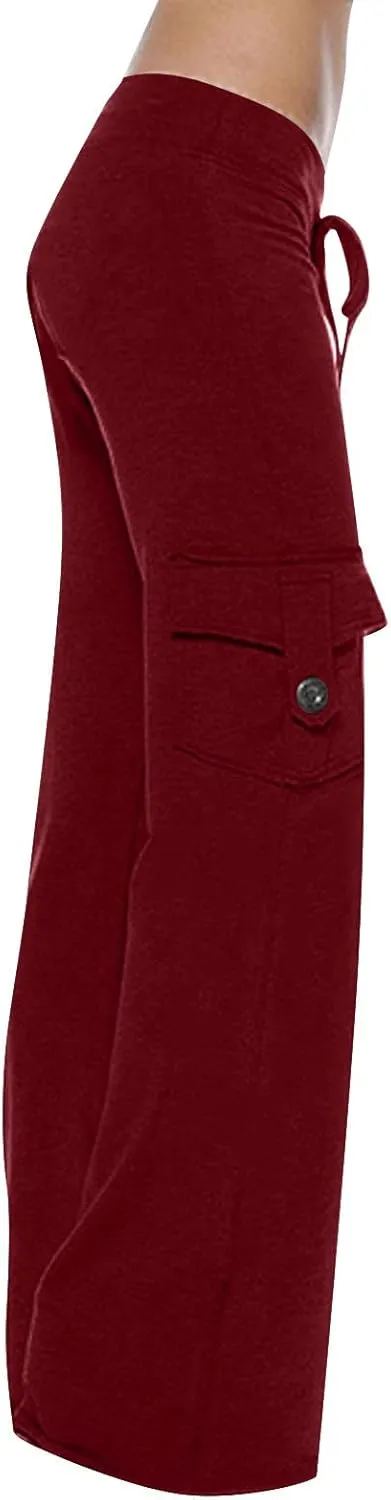 Ceboyel Womens Wide Leg Cargo Pants High Waist Pockets Jogger Pants Drawstring Relaxed Fit Cargo Pants Ladies Lounge Pants