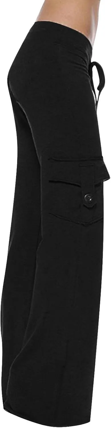 Ceboyel Womens Wide Leg Cargo Pants High Waist Pockets Jogger Pants Drawstring Relaxed Fit Cargo Pants Ladies Lounge Pants
