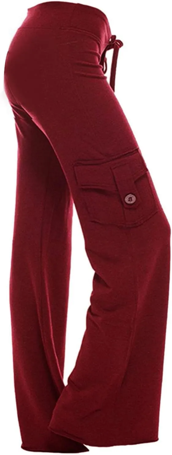 Ceboyel Womens Wide Leg Cargo Pants High Waist Pockets Jogger Pants Drawstring Relaxed Fit Cargo Pants Ladies Lounge Pants