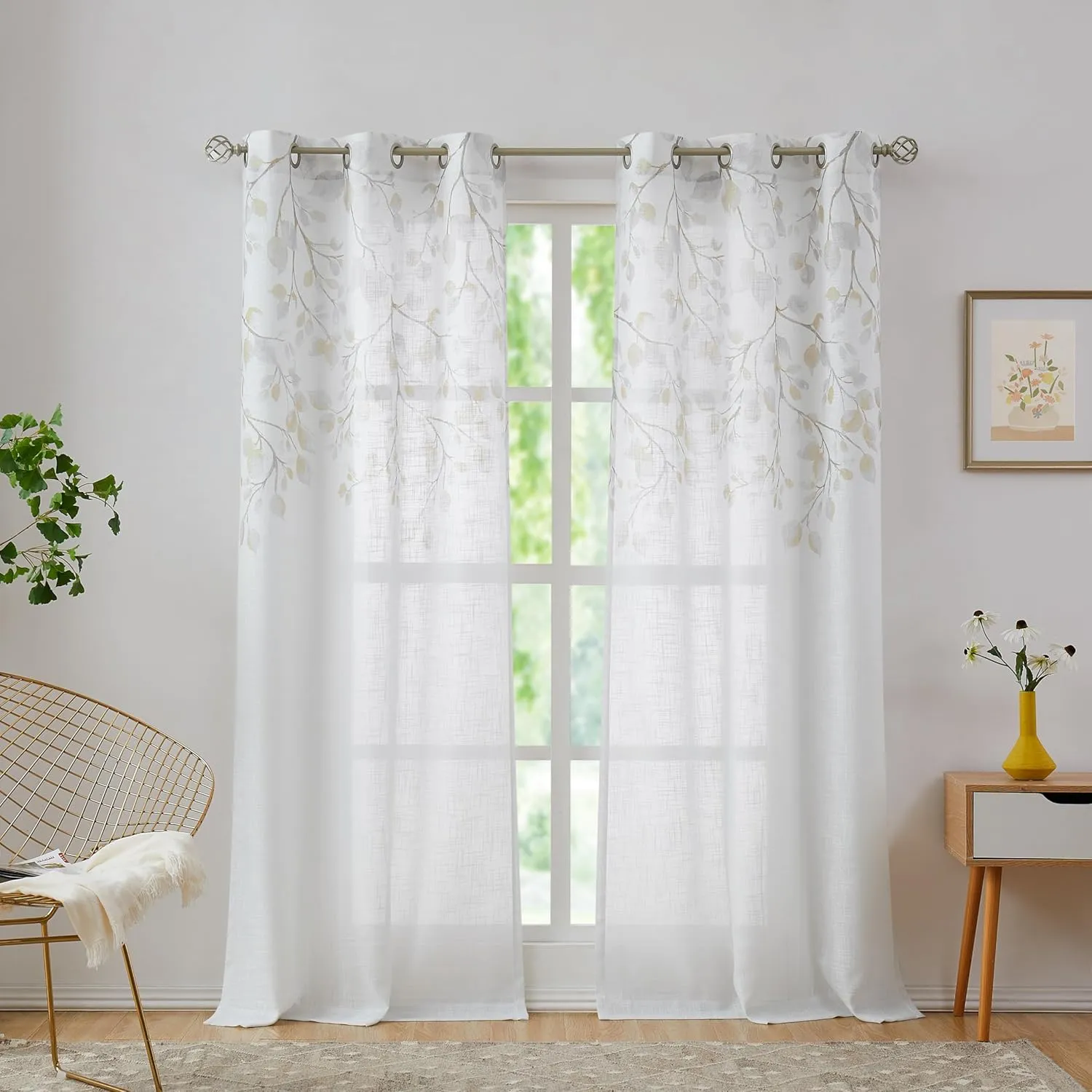 Central Park Leaf Floral Print Metallic Sheer Linen Window Curtain Panel for Rustic Living Room/Bedroom Sparkling Decorative 6 Grommets Top Drape Panels Farmhouse Curtains, Yellow,40" x 84"x2, 2 PK