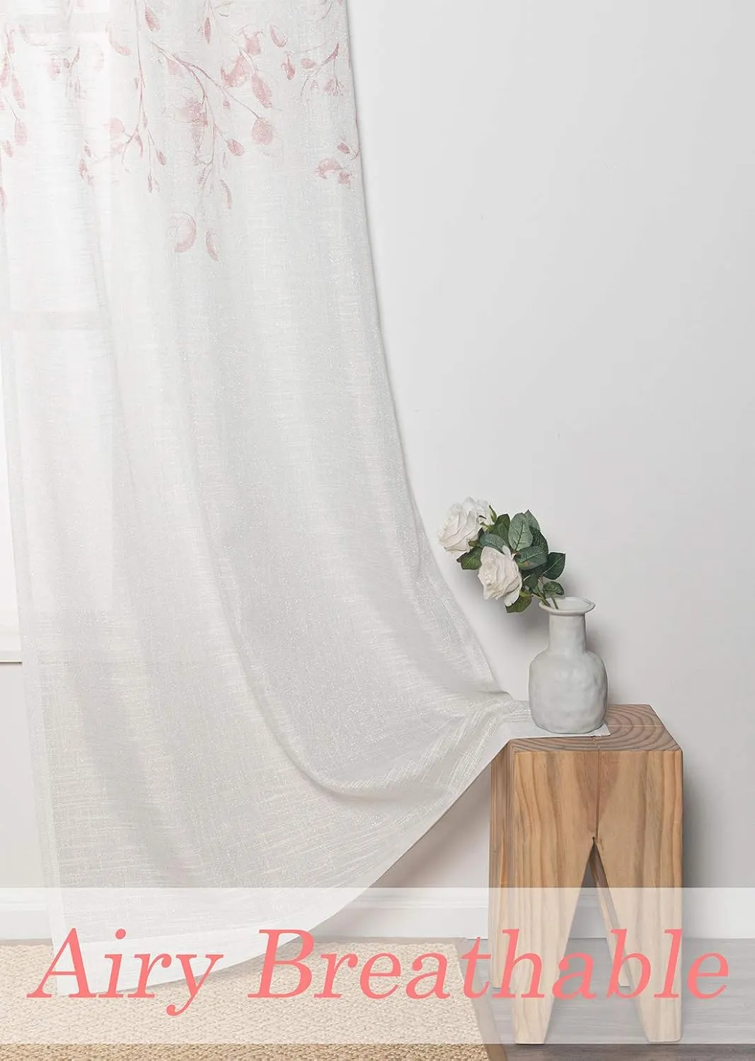 Central Park Leaf Floral Print Metallic Sheer Window Curtain Panel for Rustic Living Room/Bedroom Sparkling Decorative 6 Grommets Top Drape Panels Farmhouse Curtains, Coral Red,40" x 84"x2, 2 PK