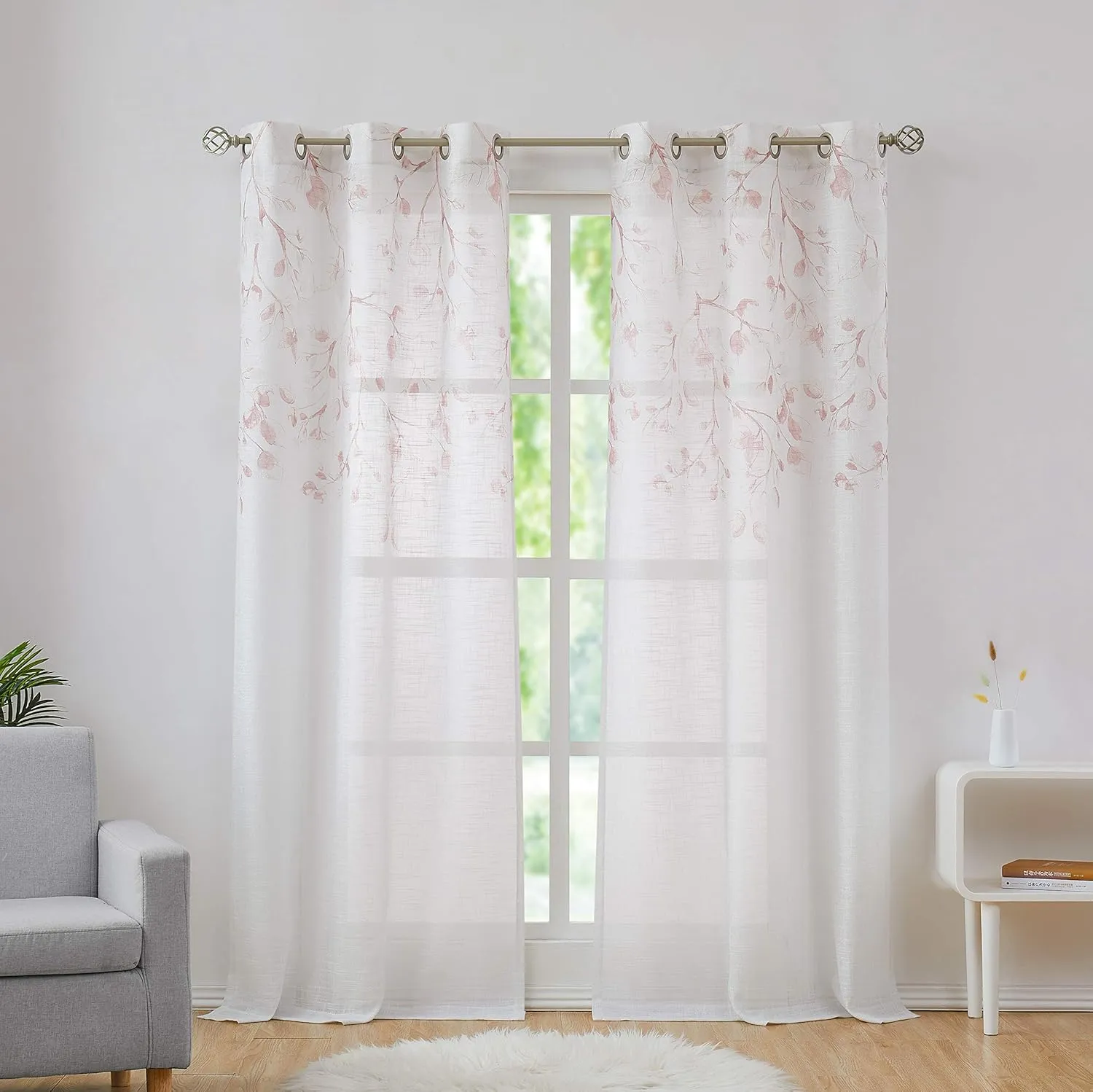 Central Park Leaf Floral Print Metallic Sheer Window Curtain Panel for Rustic Living Room/Bedroom Sparkling Decorative 6 Grommets Top Drape Panels Farmhouse Curtains, Coral Red,40" x 84"x2, 2 PK