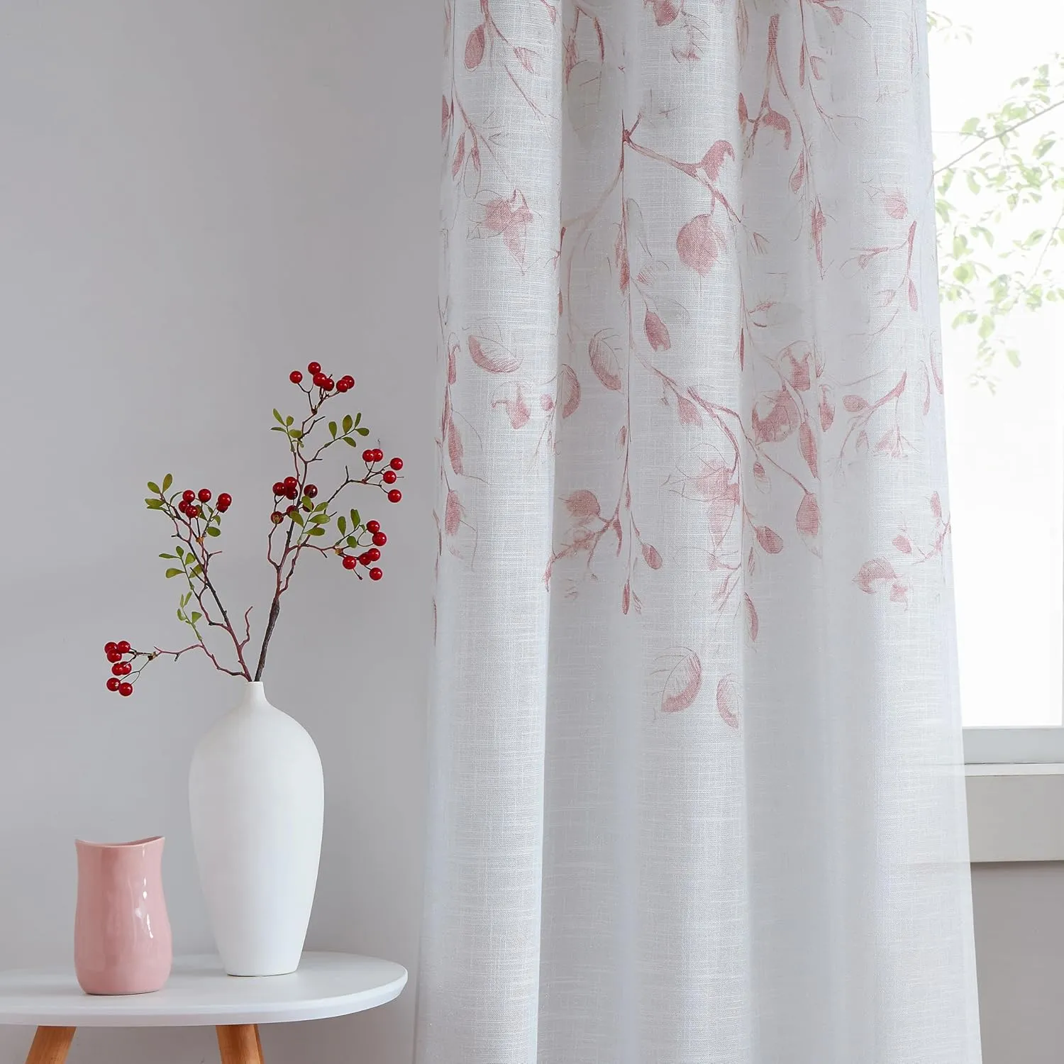Central Park Leaf Floral Print Metallic Sheer Window Curtain Panel for Rustic Living Room/Bedroom Sparkling Decorative 6 Grommets Top Drape Panels Farmhouse Curtains, Coral Red,40" x 84"x2, 2 PK