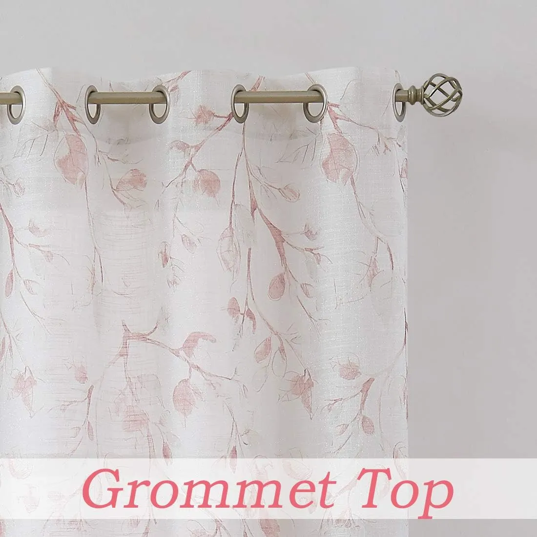 Central Park Leaf Floral Print Metallic Sheer Window Curtain Panel for Rustic Living Room/Bedroom Sparkling Decorative 6 Grommets Top Drape Panels Farmhouse Curtains, Coral Red,40" x 84"x2, 2 PK