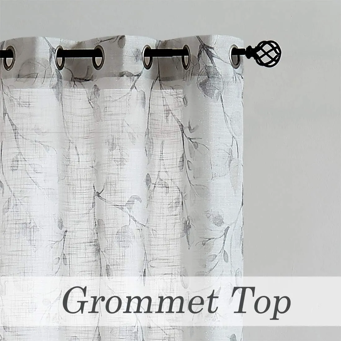 Central Park Leaf Floral Print Metallic Sheer Window Curtain Panel for Rustic Living Room/Bedroom Sparkling Decorative 6 Grommets Top Drape Panels Farmhouse Curtains, Gray Tan,40" x 84"x2, 2 PK