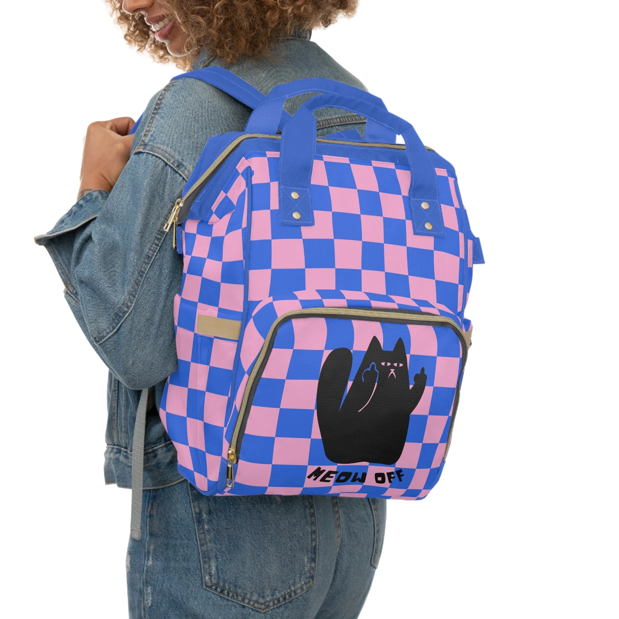 Checkered Funny Cat Large Capacity Backpack