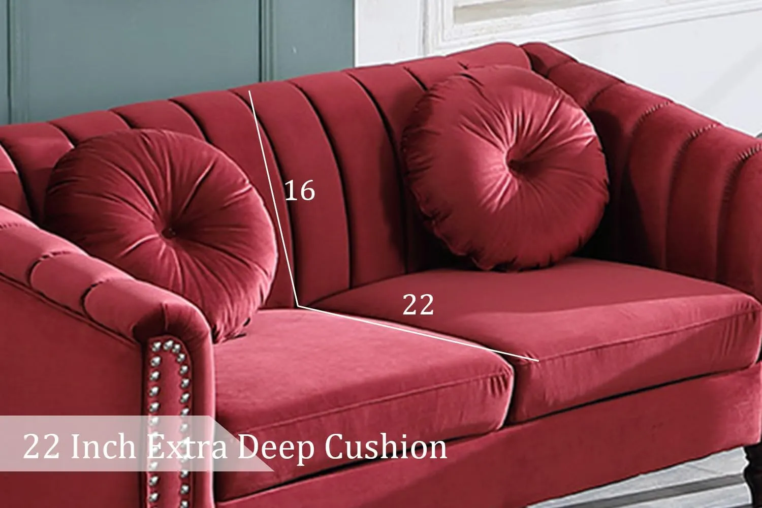 Chesterfield Loveseat Couch, 60 Inch Luxurious Velvet Modern Love Seat Chesterfield Settee Sofa Upholstered Rolled Arm with Rivets/2 Button Tufted Pillow 2 Seater Sofa for Living Room,Red
