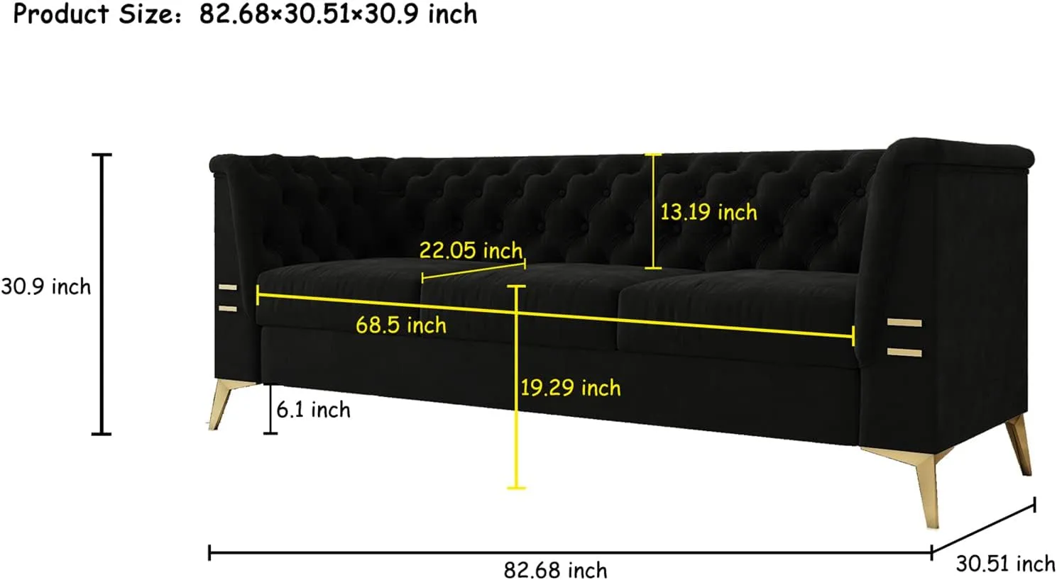 Chesterfield Sofa, 82" Velvet Upholstered 3 Seater Couches with Flared Arms and Removable Cushions, Mid-Century Modern Sofa Couch with Solid Wood Frame and Gold Legs for Living Room (Black)