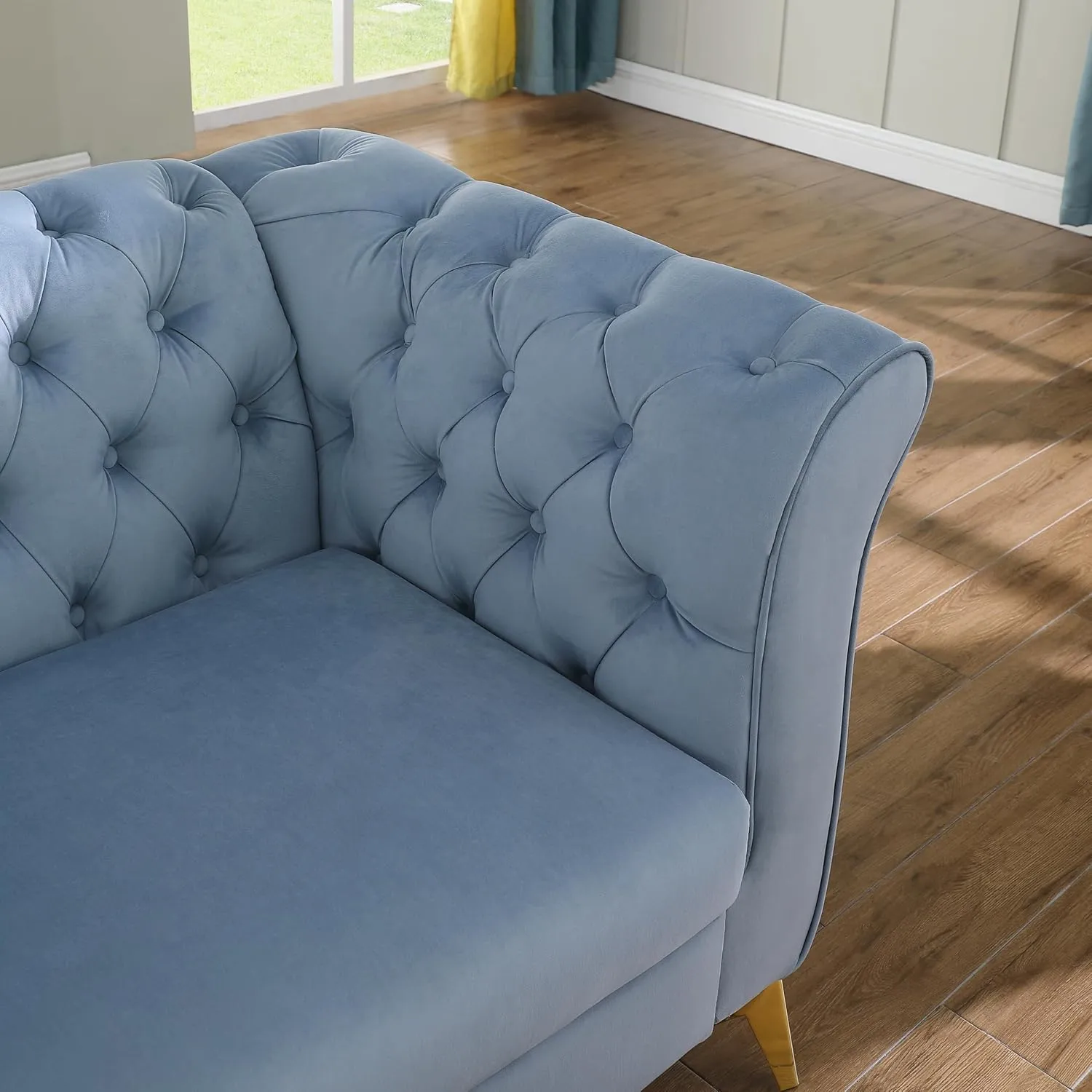 Chesterfield Sofa Couch, 87" Blue Modern Couch with Deep Seats, Velvet Fabric Comfy Sofas, Mid-Century 3 Seater Couch with Wide Armrest, Couches for Living Room, Bedroom and Office