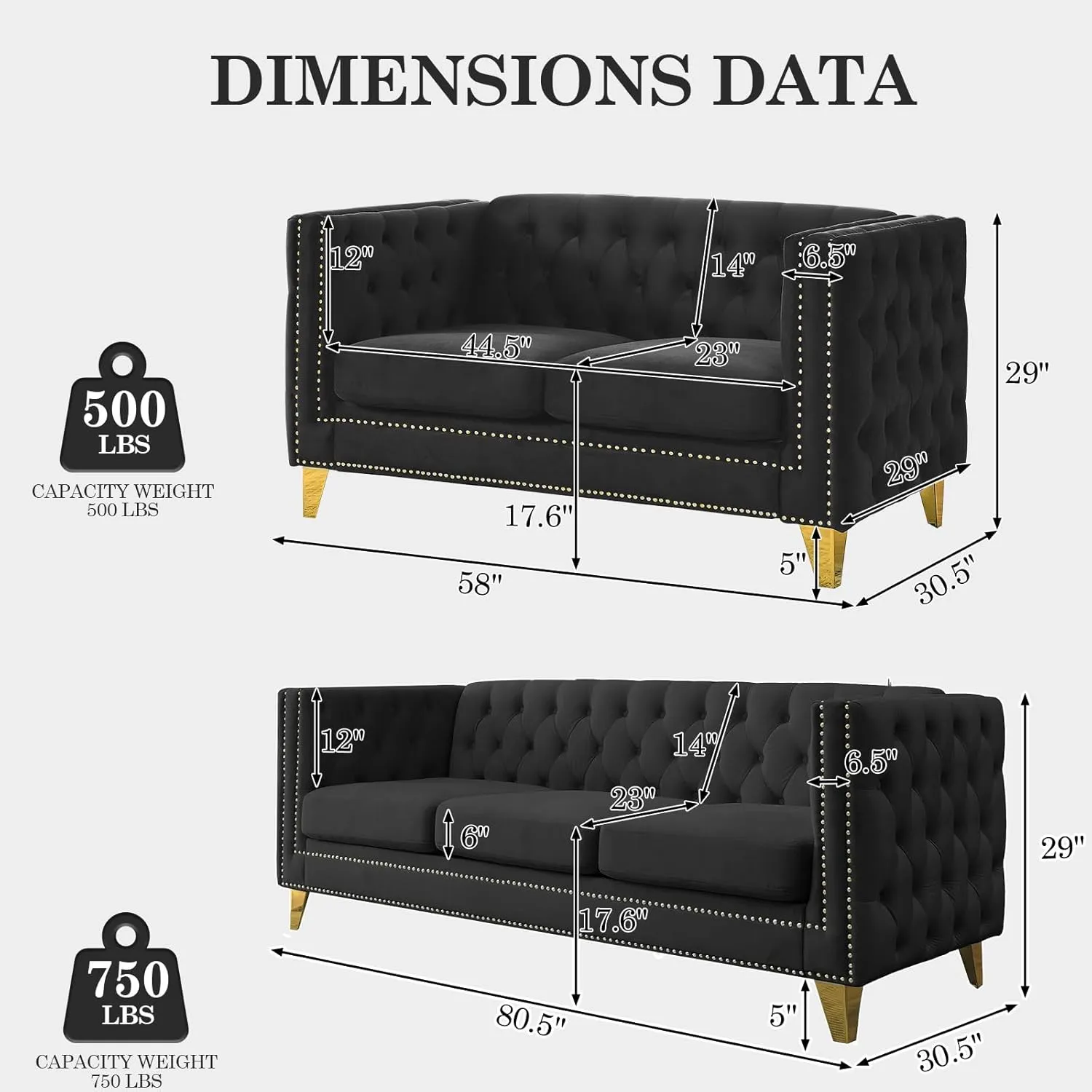 Chesterfield Sofa Set,2 PCS Oversized Velvet Sofa,2/3 Seater Deep Seat Sofa,Modern Couch Chair with Button Nailhead,Upholstered Futon Couches,Furniture for Living Room,Bedroom,Office(Black)