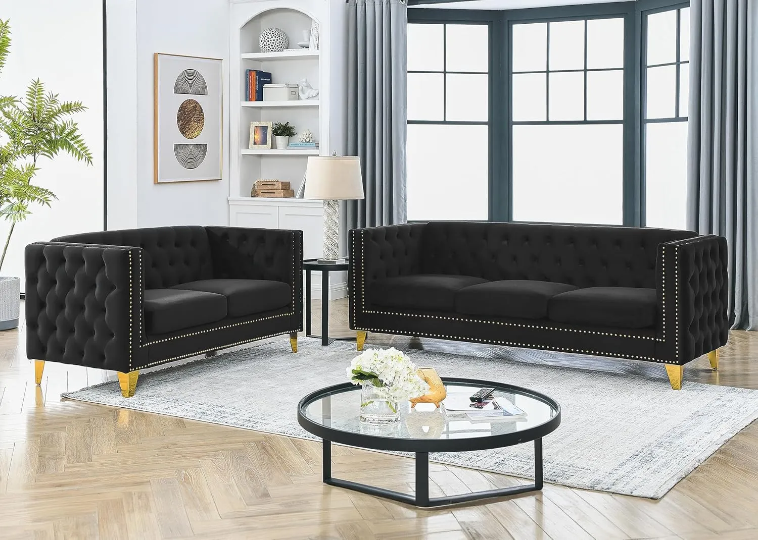 Chesterfield Sofa Set,2 PCS Oversized Velvet Sofa,2/3 Seater Deep Seat Sofa,Modern Couch Chair with Button Nailhead,Upholstered Futon Couches,Furniture for Living Room,Bedroom,Office(Black)
