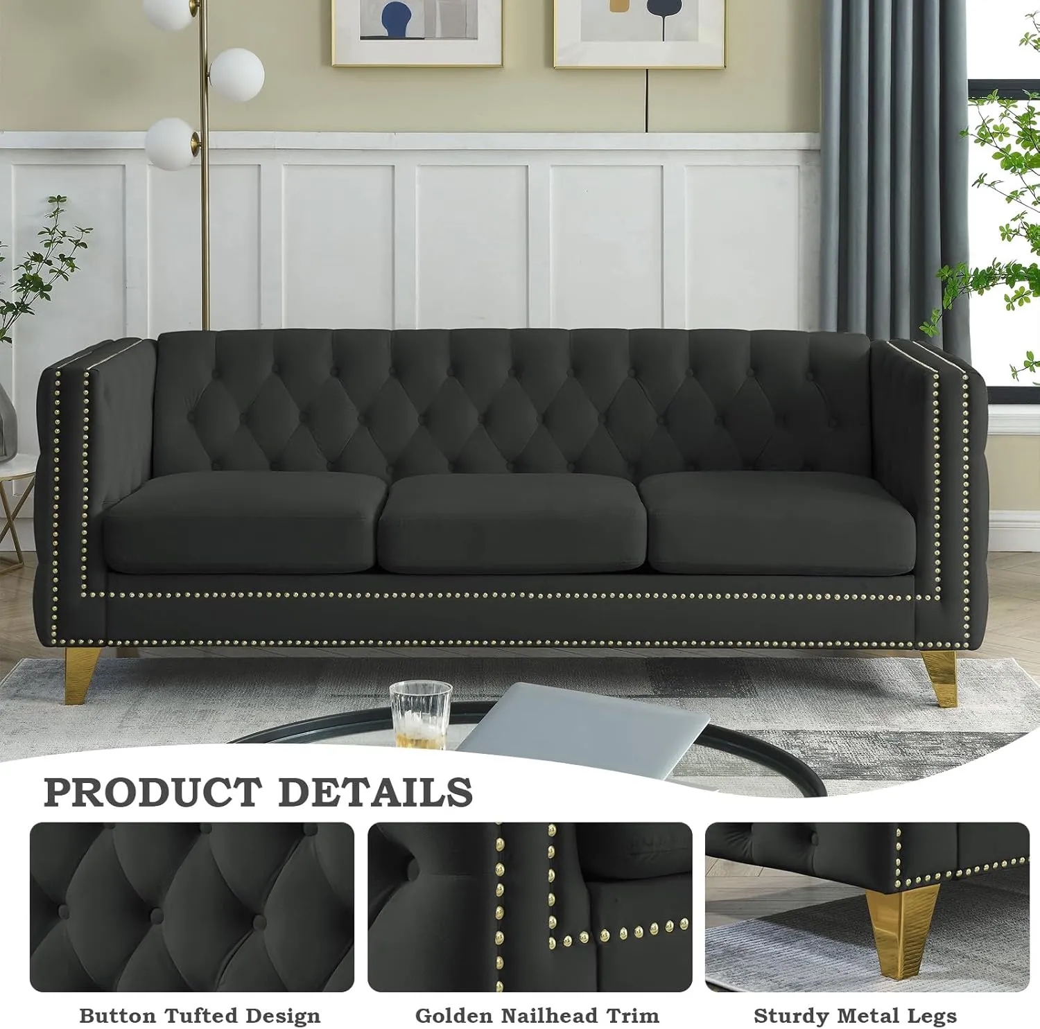 Chesterfield Sofa Set,2 PCS Oversized Velvet Sofa,2/3 Seater Deep Seat Sofa,Modern Couch Chair with Button Nailhead,Upholstered Futon Couches,Furniture for Living Room,Bedroom,Office(Black)