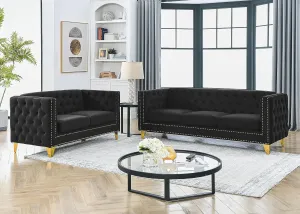 Chesterfield Sofa Set,2 PCS Oversized Velvet Sofa,2/3 Seater Deep Seat Sofa,Modern Couch Chair with Button Nailhead,Upholstered Futon Couches,Furniture for Living Room,Bedroom,Office(Black)