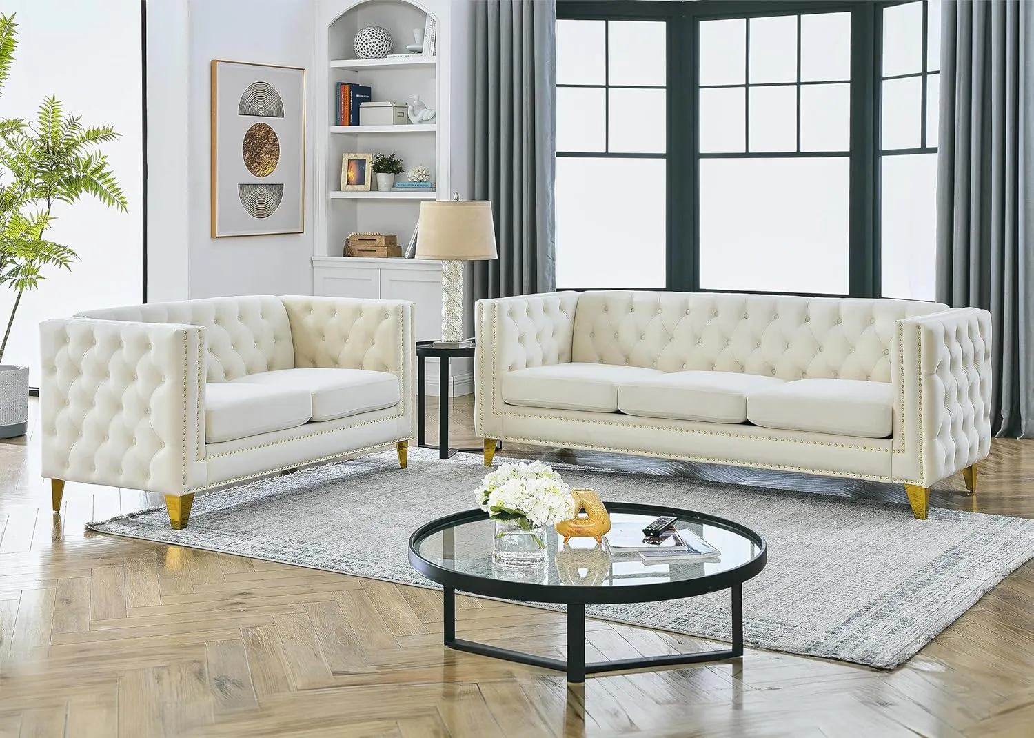 Chesterfield Sofa,Oversized Velvet Sofa Couch,3 Seater Deep Seat Sofa,Modern Sofa Chair with Button Nailhead,Upholstered Futon Couches,Furniture for Living Room,Bedroom,Office(Beige)