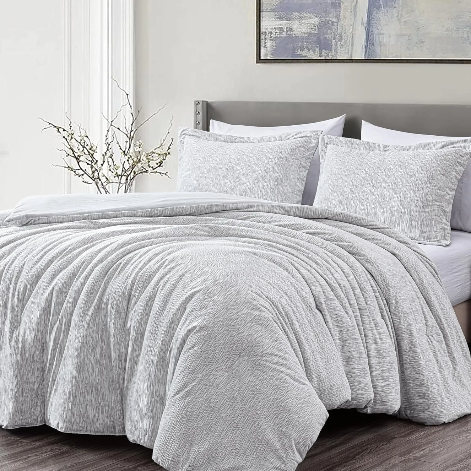 Chezmoi Collection 3-Piece Embossed Velvet Comforter Set King Size, Gray - Soft Plush Velvet Bedding Set with 2 Pillow Shams for All Seasons with Washed Microfiber Reverse