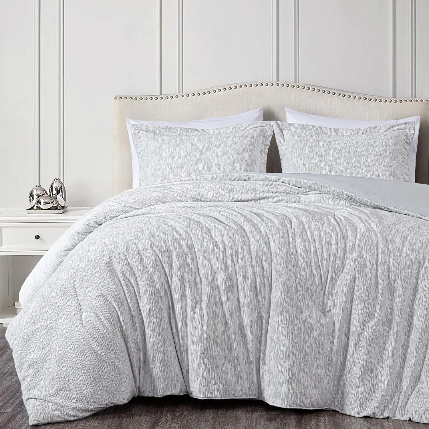 Chezmoi Collection 3-Piece Embossed Velvet Comforter Set King Size, Gray - Soft Plush Velvet Bedding Set with 2 Pillow Shams for All Seasons with Washed Microfiber Reverse