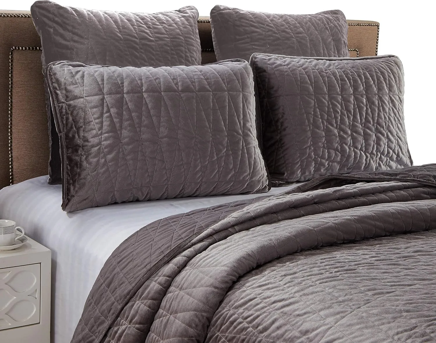 Chezmoi Collection Sheila 3-Piece Premium Heavy Velvet Quilt Set Modern Diamond Pattern Bedspread Coverlet Set (Queen, Gray)