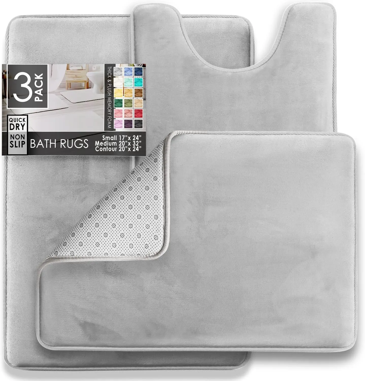 Clara Clark 3 Piece Bathroom Rugs Bath Mat Set, Velvet Memory Foam Bath Mats for Bathroom - Non-Slip, PVC Backing Bath Rugs, Washable - Dries Quickly, Silver