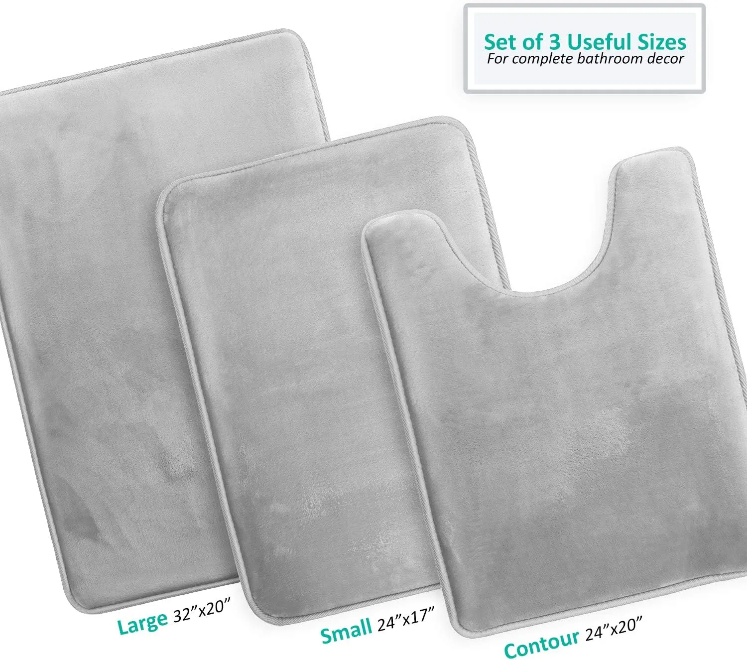 Clara Clark 3 Piece Bathroom Rugs Bath Mat Set, Velvet Memory Foam Bath Mats for Bathroom - Non-Slip, PVC Backing Bath Rugs, Washable - Dries Quickly, Silver