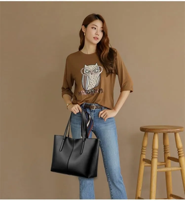 Classic Leather Tote Bag, Large Capacity Shoulder Handbag for Women, Available in Black, Green, Red, Silver