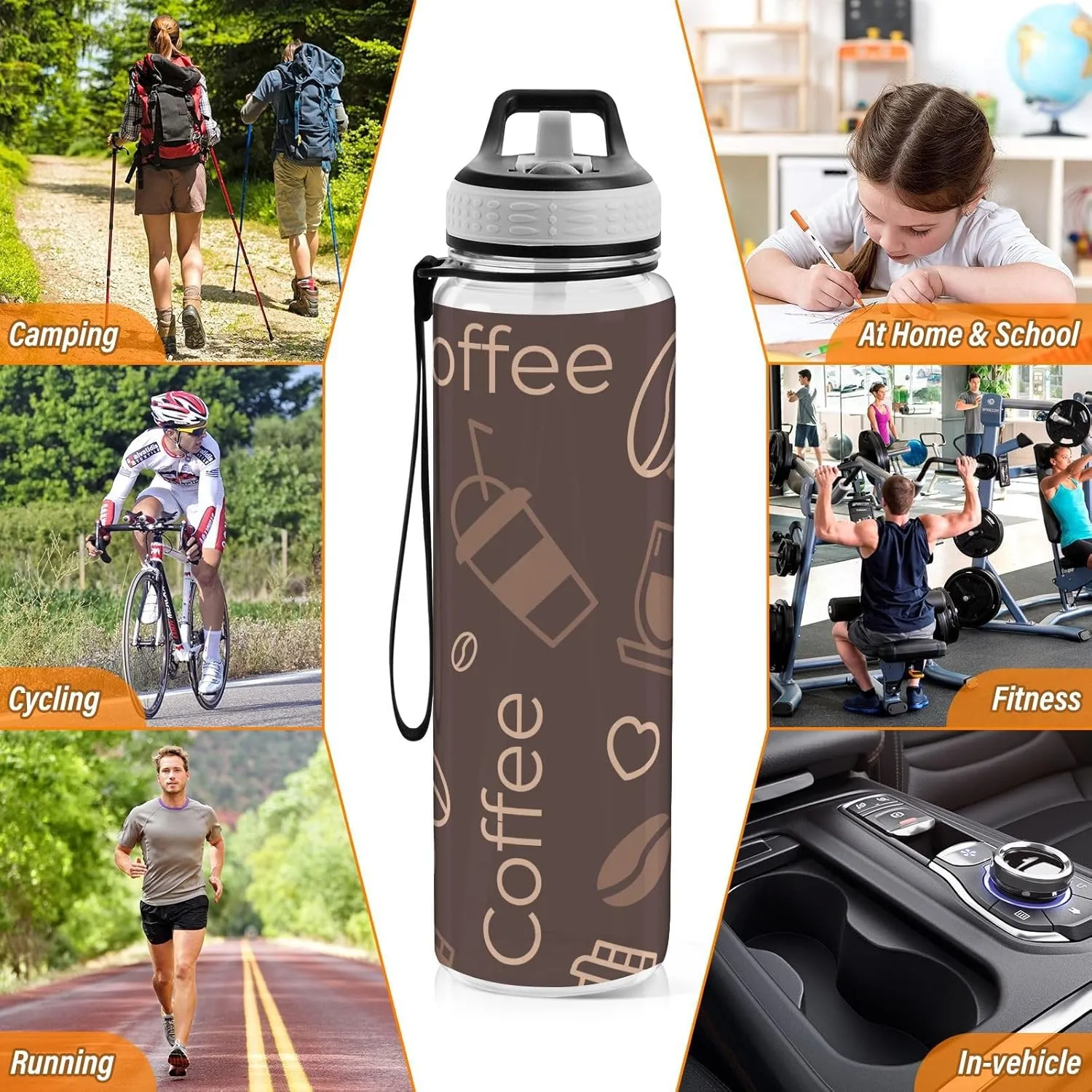 Clear Tritan Sports Water Bottle with Straw for Adults Kids Leakproof 32oz Bpa Free Plastic Water Bottle for Bike Gym School Travel Brown Coffee Beans Drinks