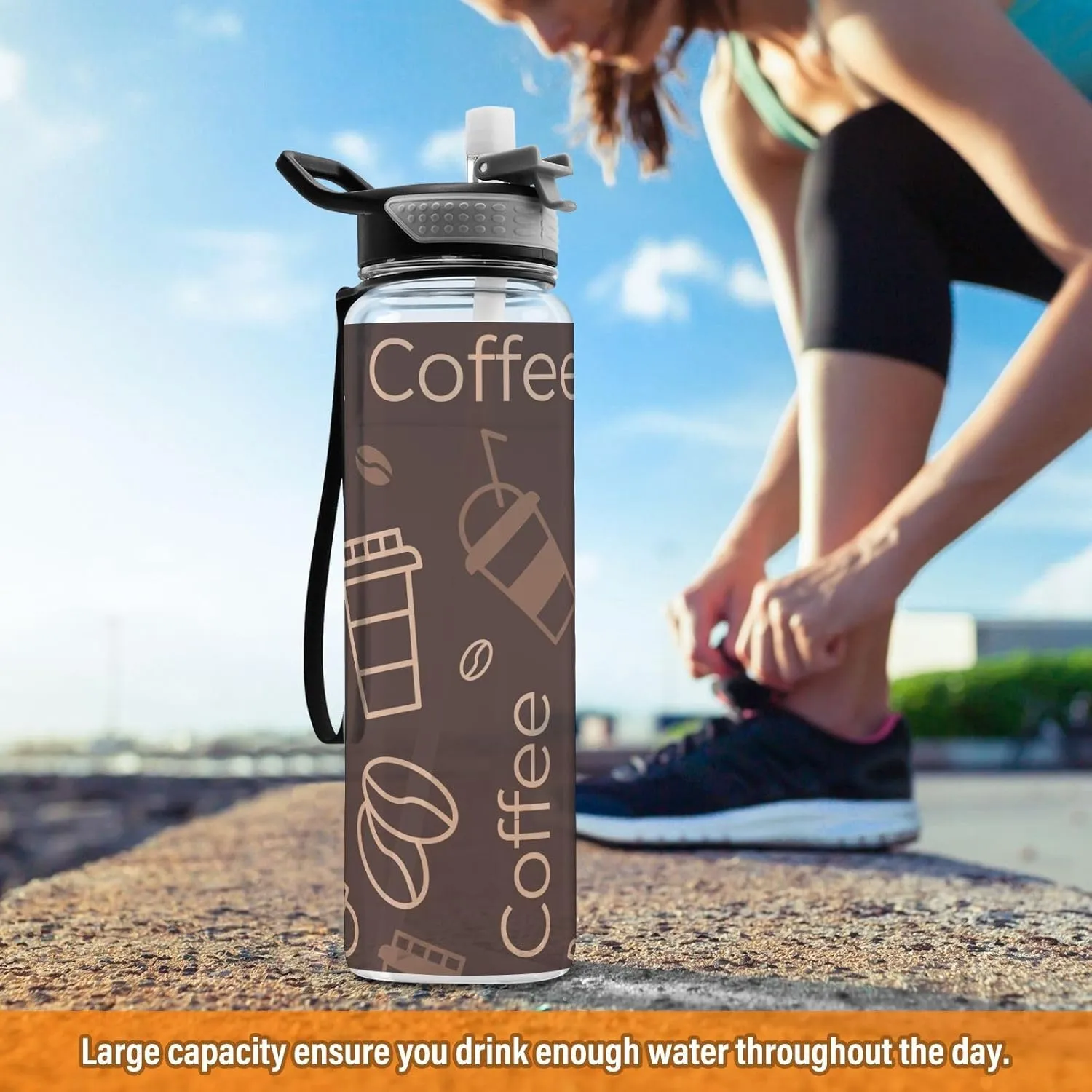 Clear Tritan Sports Water Bottle with Straw for Adults Kids Leakproof 32oz Bpa Free Plastic Water Bottle for Bike Gym School Travel Brown Coffee Beans Drinks
