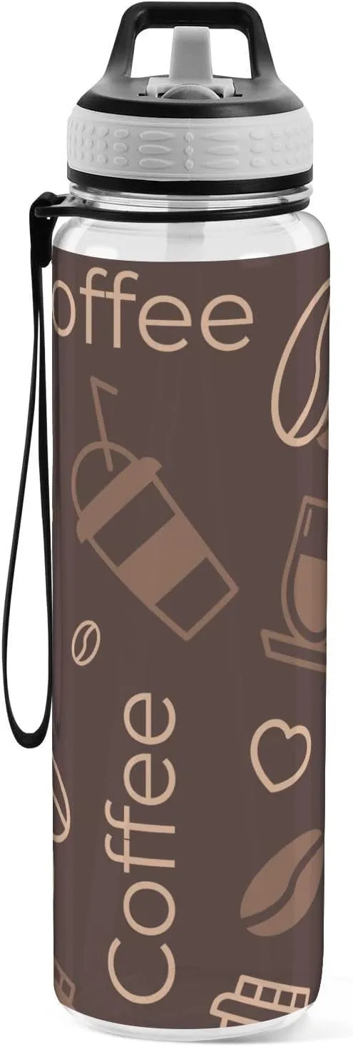 Clear Tritan Sports Water Bottle with Straw for Adults Kids Leakproof 32oz Bpa Free Plastic Water Bottle for Bike Gym School Travel Brown Coffee Beans Drinks