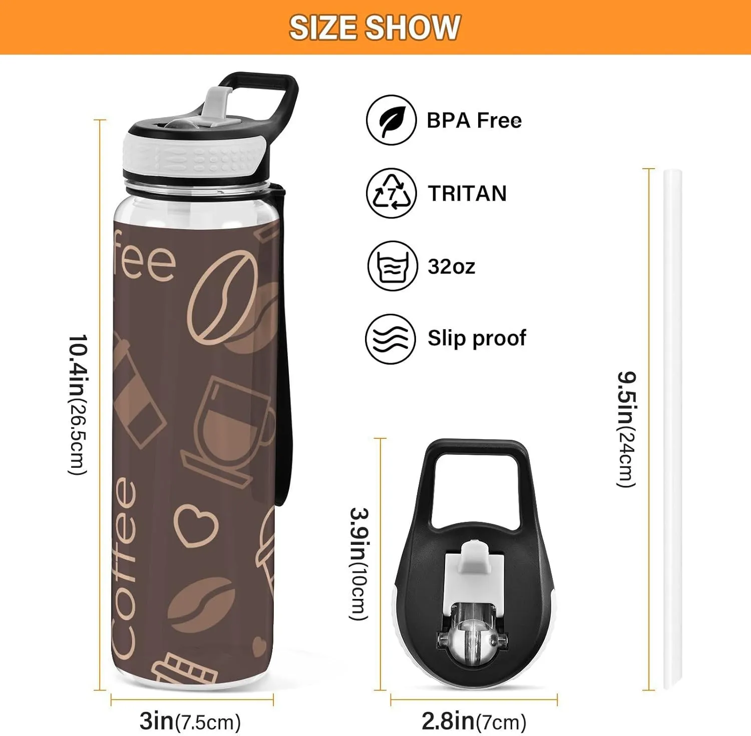 Clear Tritan Sports Water Bottle with Straw for Adults Kids Leakproof 32oz Bpa Free Plastic Water Bottle for Bike Gym School Travel Brown Coffee Beans Drinks