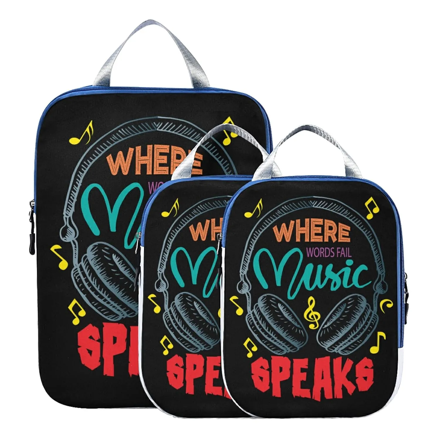 Colorful Earphone with Where Words Fail, Music Speaks on Black 3 Piece set Cubes Expandable Adjustable Luggage Packing Bags, Ultralight Organizer Accessories Travel Suitcase Compressible Bags