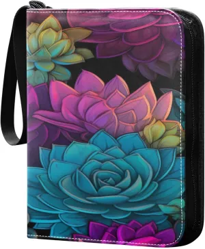 Colorful Succulents Card Binder 4-Pocket, 400 Pockets Trading Cards Holder Games Card Albums Storage Organizer Case for Football, Baseball Cards