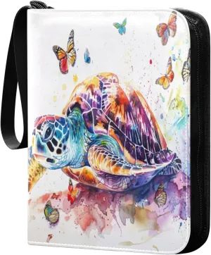 Colorful Watercolor Turtle Card Binder 4-Pocket, 400 Pockets Trading Cards Holder Games Card Albums Storage Organizer Case for Football, Baseball Cards