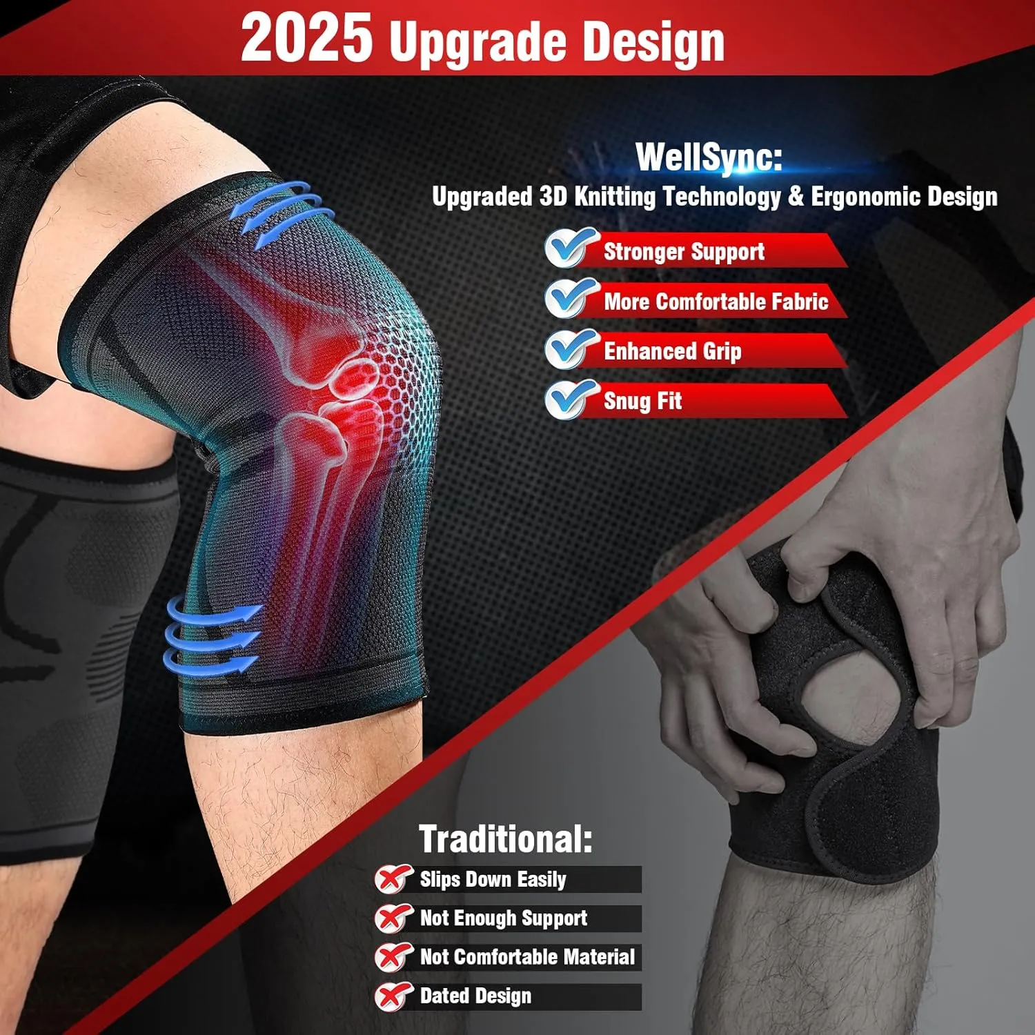 Compression Knee Brace for Women & Men, 2 Pack Knee Brace for Running, Knee Support Compression Sleeve, Sports Knee Braces for Meniscus Tear ACL & Arthritis Pain Relief(Black, X-Large)