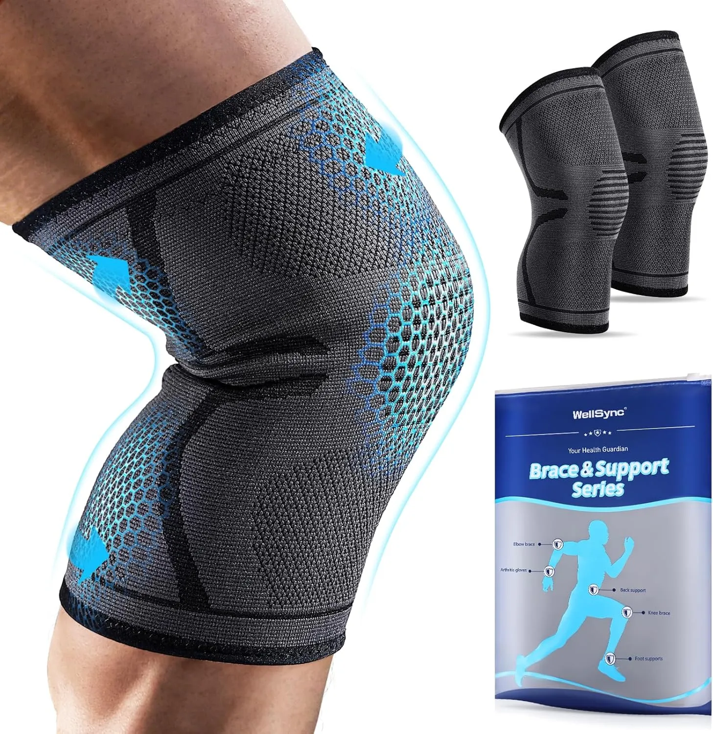 Compression Knee Brace for Women & Men, 2 Pack Knee Brace for Running, Knee Support Compression Sleeve, Sports Knee Braces for Meniscus Tear ACL & Arthritis Pain Relief(Black, X-Large)