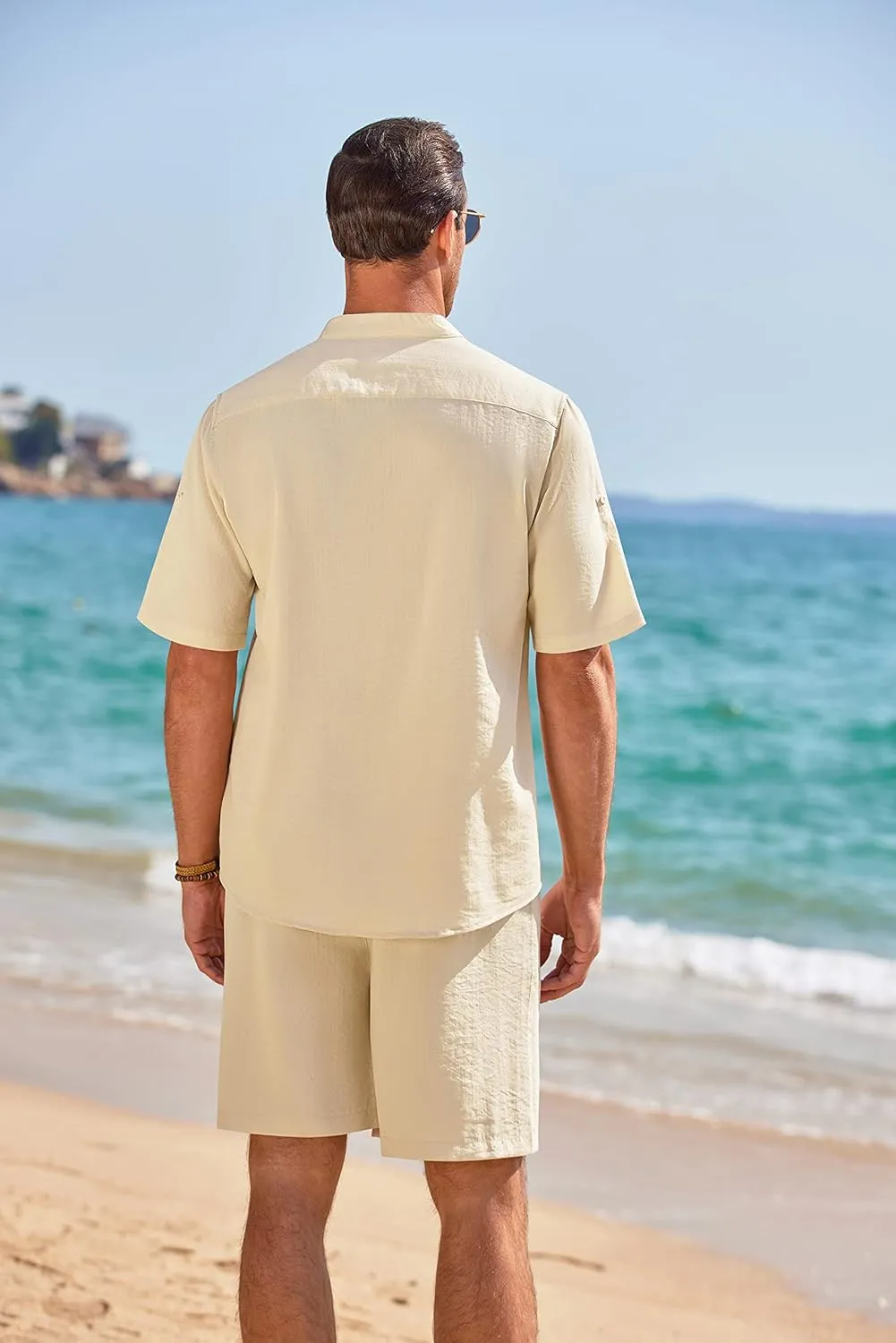 COOFANDY Men's 2 Pieces Linen Set Henley Shirt Short Sleeve and Shorts Summer Beach Yoga Matching Outfits