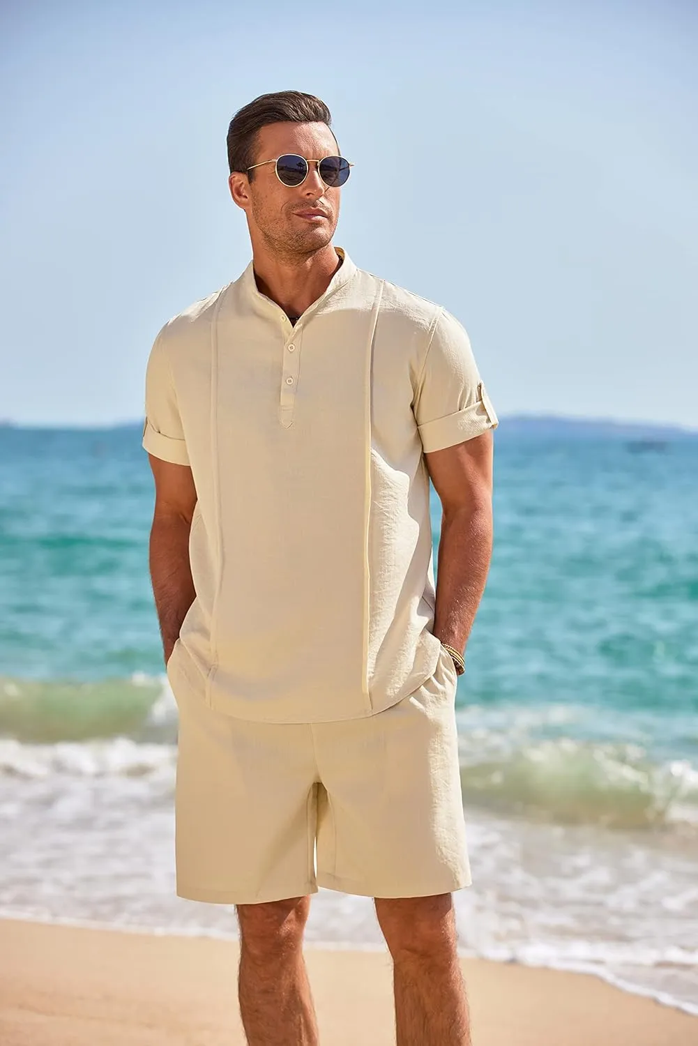 COOFANDY Men's 2 Pieces Linen Set Henley Shirt Short Sleeve and Shorts Summer Beach Yoga Matching Outfits