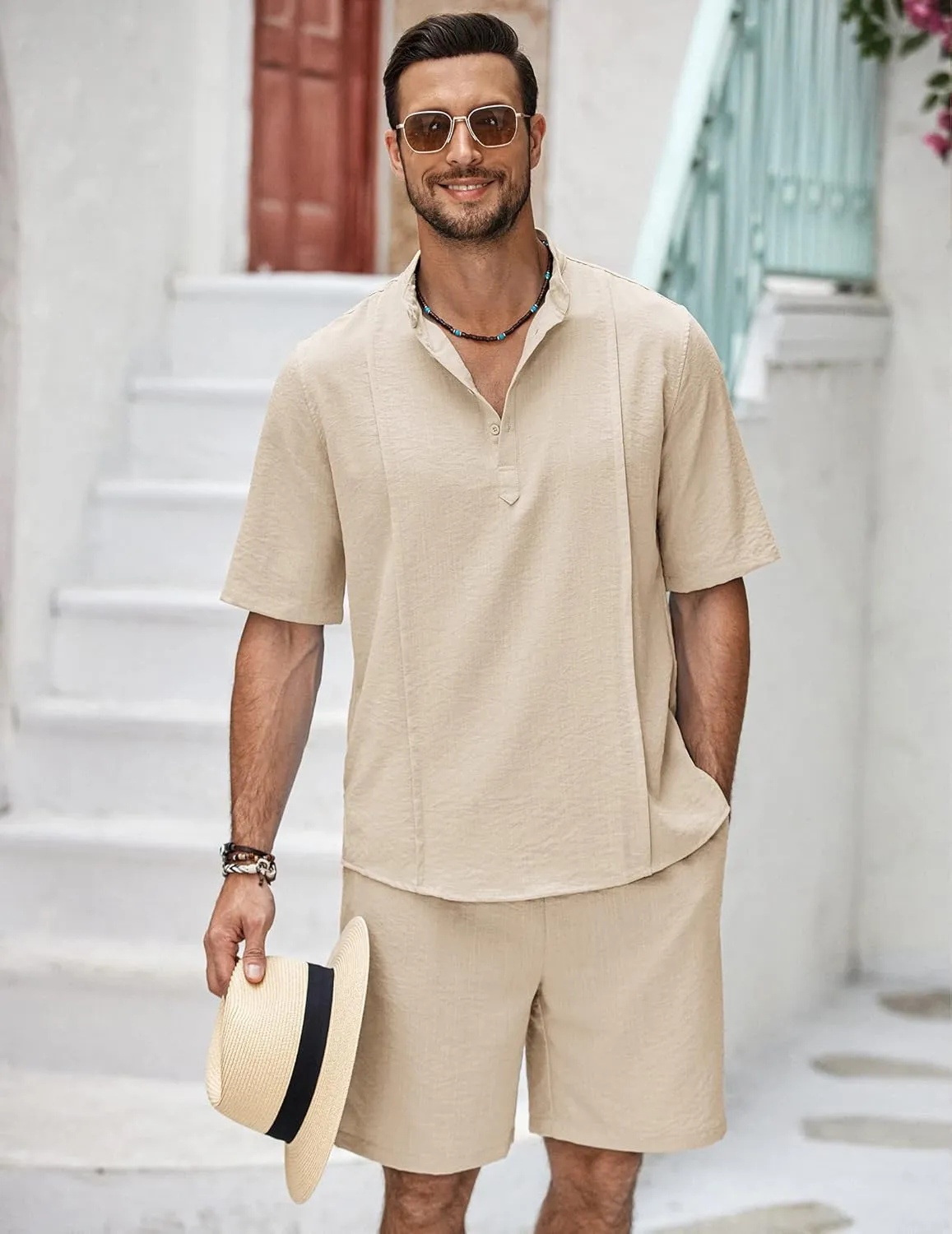 COOFANDY Men's 2 Pieces Linen Set Henley Shirt Short Sleeve and Shorts Summer Beach Yoga Matching Outfits