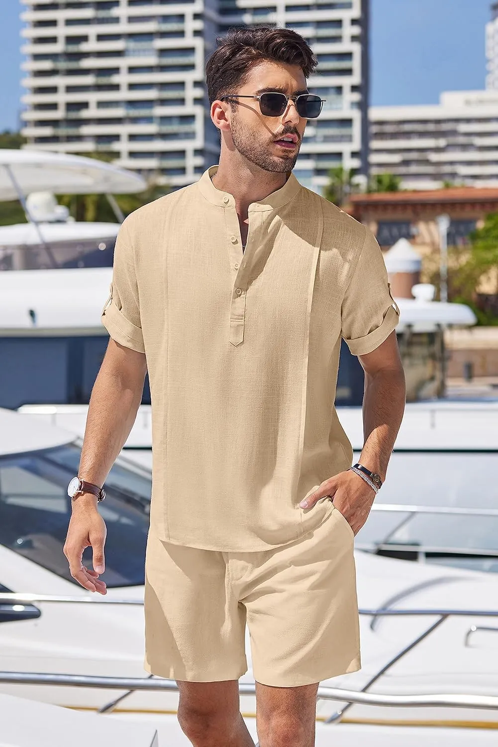 COOFANDY Men's 2 Pieces Linen Set Henley Shirt Short Sleeve and Shorts Summer Beach Yoga Matching Outfits