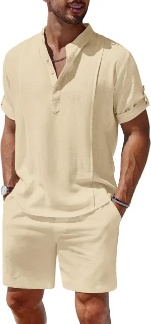 COOFANDY Men's 2 Pieces Linen Set Henley Shirt Short Sleeve and Shorts Summer Beach Yoga Matching Outfits